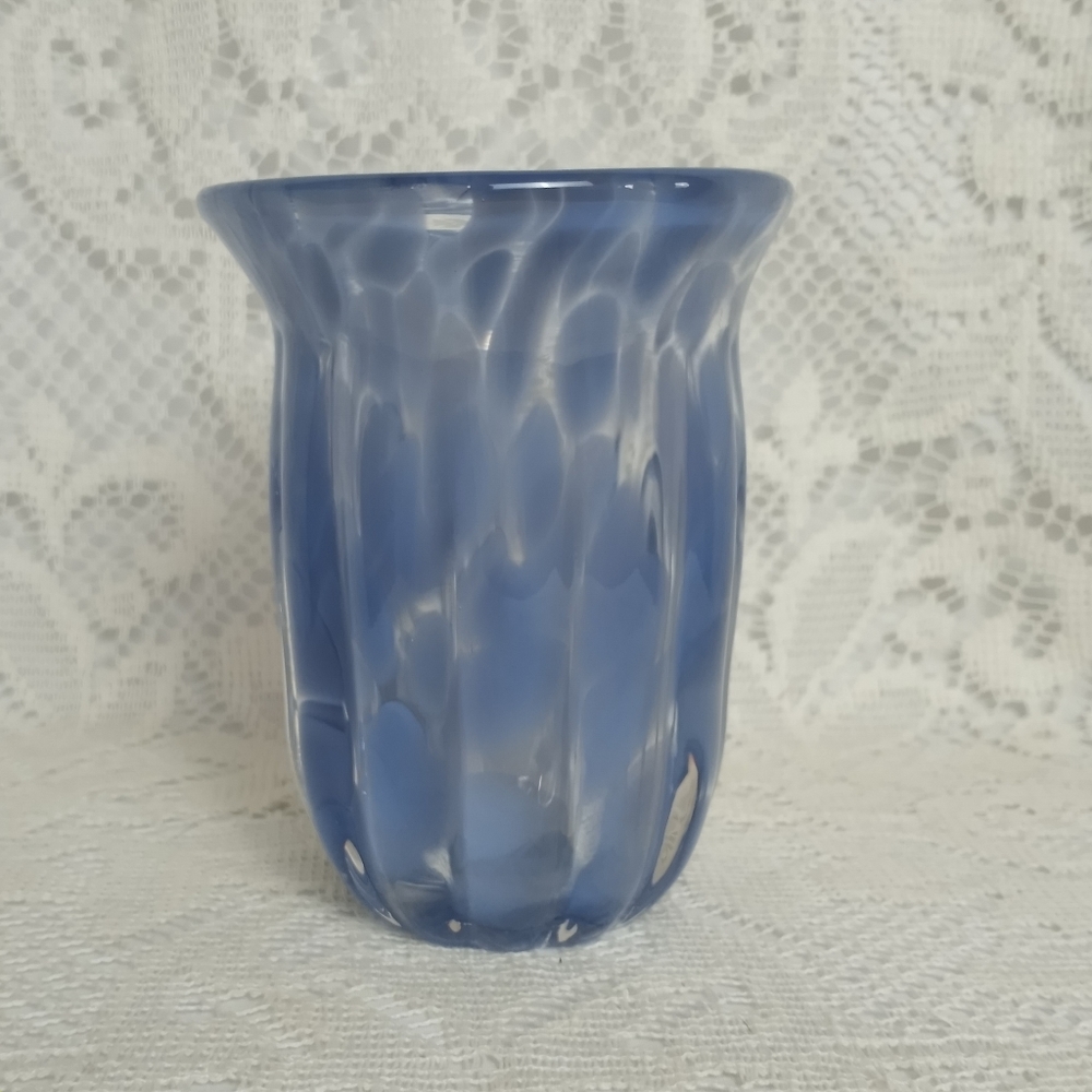 Hand Blown Art Glass Vase Blue Clear Speckled Pontil Scar Signed Ribbed 5" Tall